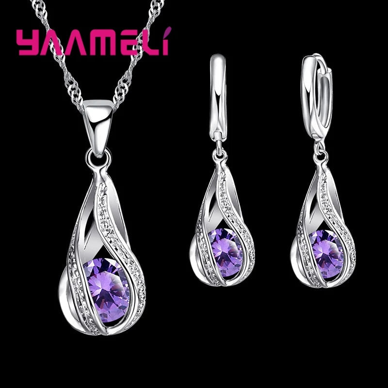 Hot Water Drop CZ 925 Sterling Silver Plated Jewelry Set For Women Pendant Necklace Hoop Earrings Wedding Party Ceremoey Anel Good Vibrations