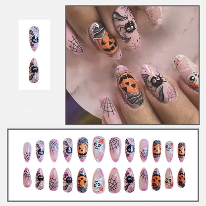 24pcs Light Pink Fake Nail Patches Pumpkin Spider Web Horror Skull Designs Press On Nails Halloween False Nail Wearable Manicure Good Vibrations
