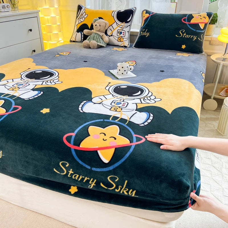 Queen Double Size Bed Sheet Polyester Elastic Fitted Sheet Velvet Soft Flannel Warm Mattress Cover King Full Twin Size Winter