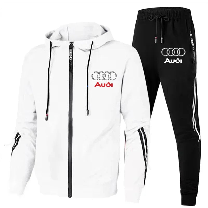 Autumn Winter Mens Audi Car Logo Print Tracksuit Men Zipper Hoodie+Pants 2 Piece Set Casual Gym Fitness Jogging Sportswear Suits Good Vibrations