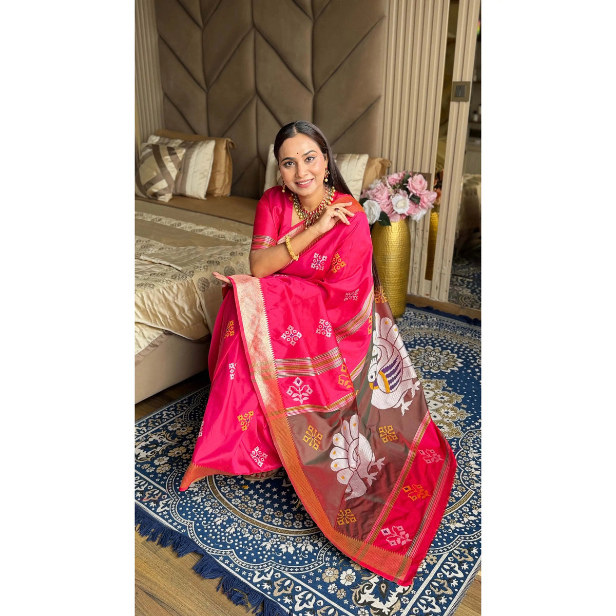Elite Weaves Soft Silk Ikkat Patola Saree with Meenakari Motifs Peacock Pallu & Gold Zari Border Wedding Dresses Good Vibrations