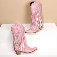 Women Mid-calf Cowboy Boots Retro Leather Tassel High Western Botas Winter Pointed Chunky Heels Booties Fashion Ladies Shoes Good Vibrations