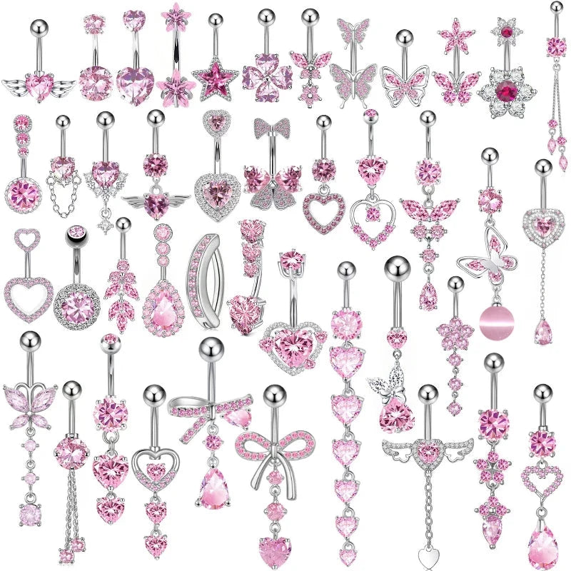 Fashion Pink Crystal Crown Belly Button Rings Stainless Steel Long Pendant Butterfly Heart Navel Piercing for Women Jewelry Good Vibrations Adult Super Store