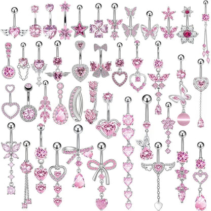 Fashion Pink Crystal Crown Belly Button Rings Stainless Steel Long Pendant Butterfly Heart Navel Piercing for Women Jewelry Good Vibrations Adult Super Store