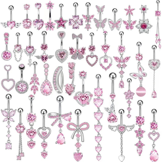 Fashion Pink Crystal Crown Belly Button Rings Stainless Steel Long Pendant Butterfly Heart Navel Piercing for Women Jewelry Good Vibrations Adult Super Store