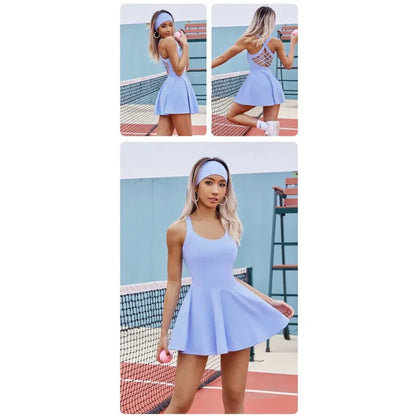 Women Tennis Dress One-Pieces Slim Fit Soft Sports Sets Golf Badminton Skorts Back Cross Tracksuits With Chest Pads Yoga Suits O Good Vibrations