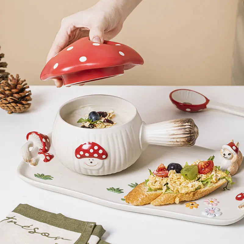 Red Mushroom Handle Bowl with Lid Creative Ceramic Breakfast Fruit Dessert Plate Creative Mushroom Salad Bowl Spoon Cutlery New Good Vibrations