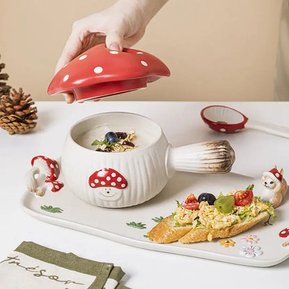 Red Mushroom Handle Bowl with Lid Creative Ceramic Breakfast Fruit Dessert Plate Creative Mushroom Salad Bowl Spoon Cutlery New Good Vibrations