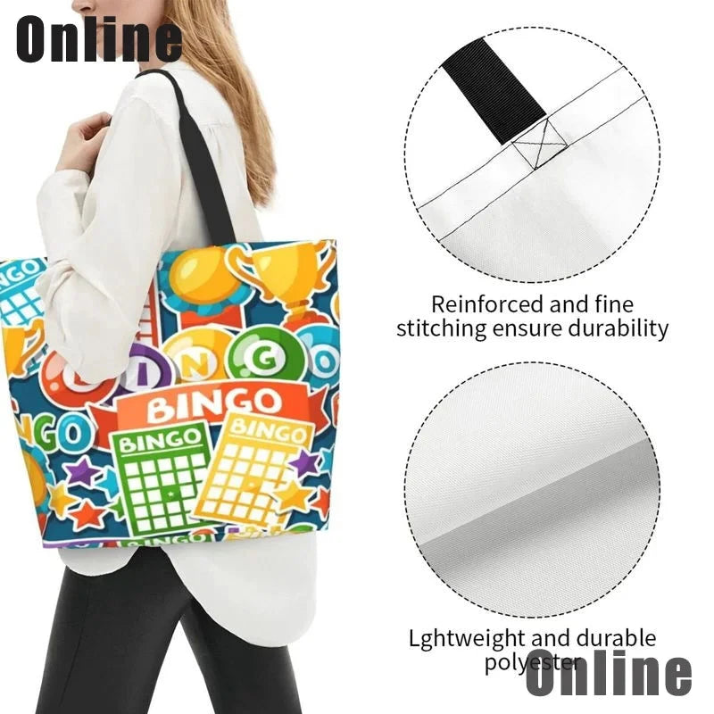 I Love Bingo Game Funny Handbags Shoulder Bags Casual Shopping Girls Tote Bag for Women Folding Reusable Shopping Bags Good Vibrations