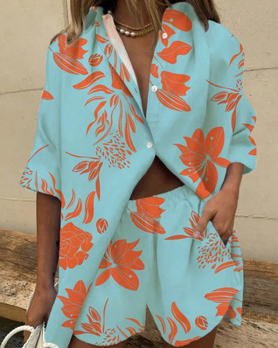 Two Piece Sets Womens Outfits Summer Casual Loose Print Two Piece Sets Fall Boho Beach Holiday Half Sleeve Shirt And Shorts Sets Good Vibrations