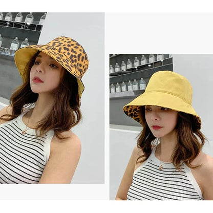 Flattop Ladies' Hat Street Women Leopard Print Bucket Comfortable Breathe Foldable Beach Flat Top Sun Fishing Hats for Women Good Vibrations