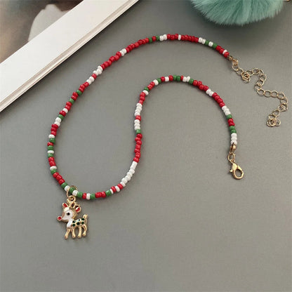 Christmas Necklaces for Women Girls Handmade Rice Beads X'mas Tree Santa Claus Snowman Gift Necklace Pendant New Year Jewelry Good Vibrations