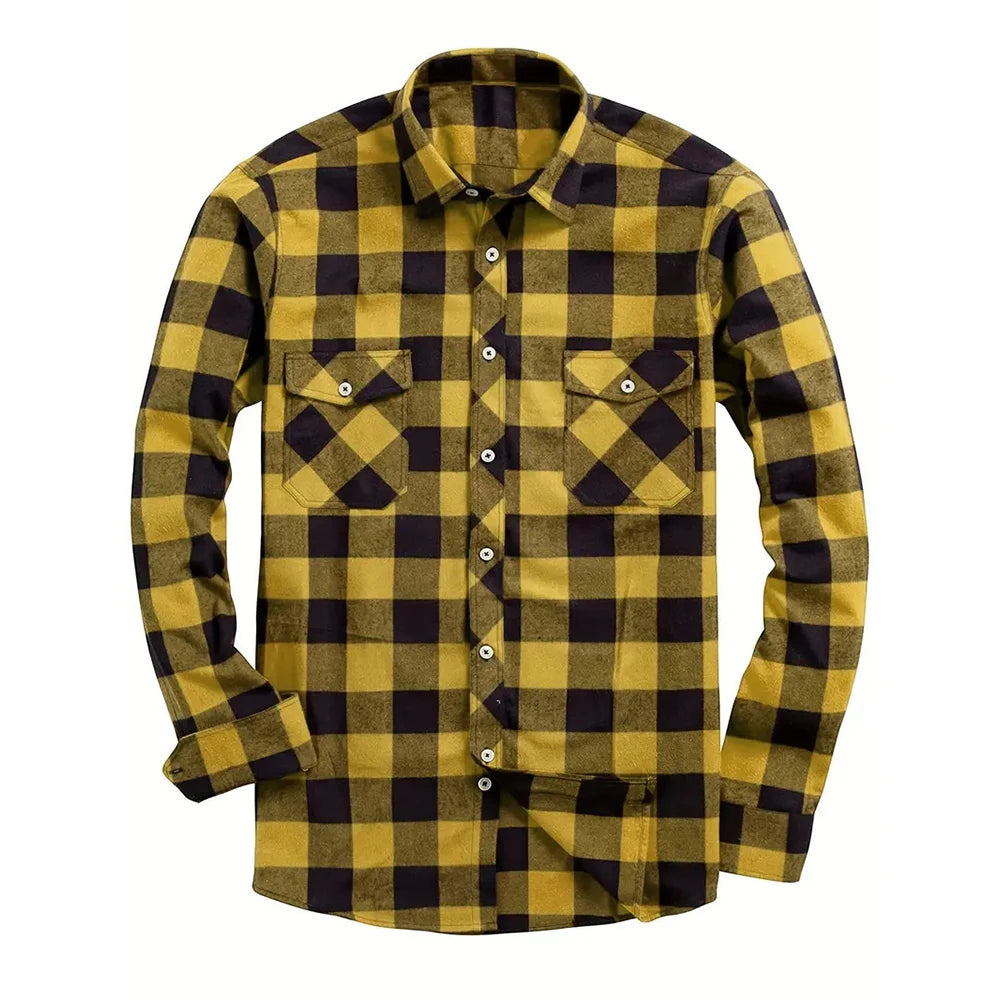 New Plaid Flannel Shirt for Men Long Sleeve Casual Shirts Spring Autumn Button -up 2-Pocket Colthing Tops Classic Men's Shirts Good Vibrations