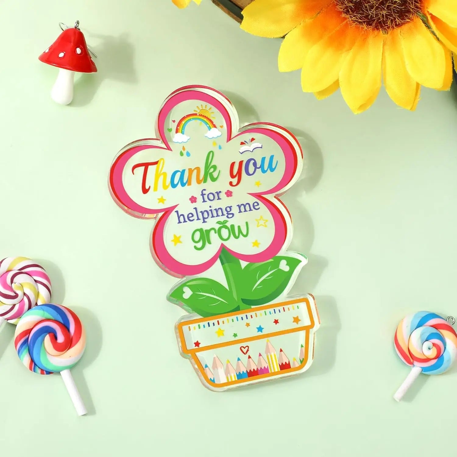 Teacher Appreciation Gifts Keepsake with Bags, Thank You for Helping Me Grow Acrylic Plaque Sign for End of the Year Teacher Good Vibrations