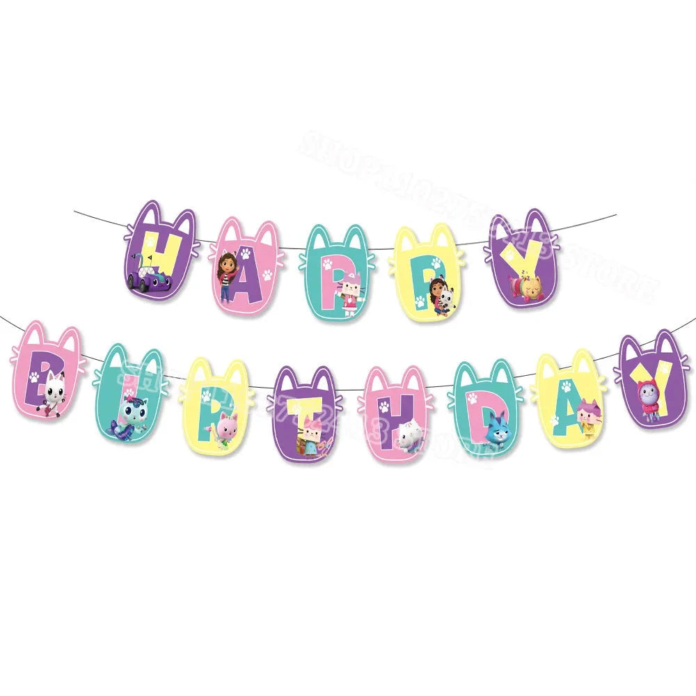 Gabby Dollhouse Birthday Party Supplies Kids Disposable Tableware Backdrop Cake Decoration Girl Baby Shower Numbers Balloon Gift Good Vibrations