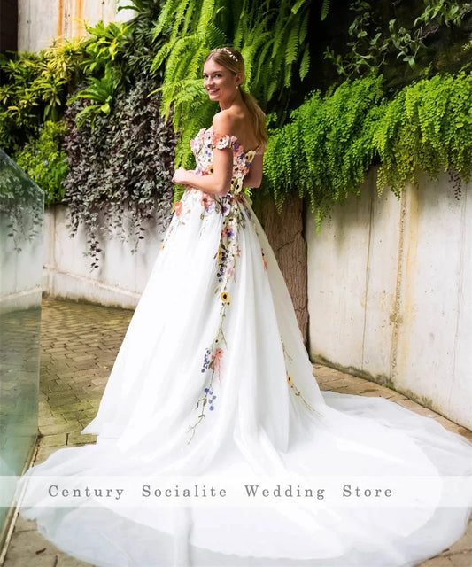 Colorful Embroidery Lace Floral Wedding Dresses Off Shoulder Tulle Forest Woodland Boho Bridal Gowns Plus Size Customized Good Vibrations
