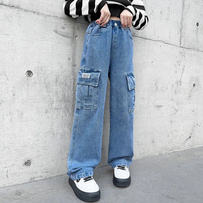 New 2024 Teenage Girls Blue Street Cartoon Print Elastic Mid Waist Loose Denim Jeans Spring Fashion Children Cute Wide Leg Pants Good Vibrations