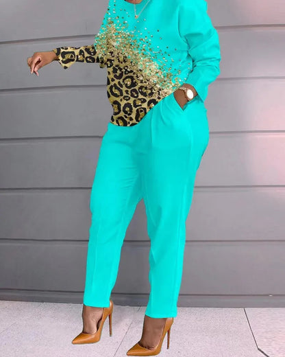 2 Piece Sets Woman Outfit,Women's Print Two Piece Set, O-neck Casual Long Sleeve T-shirt, Top And Pants, 2-piece, Spring, 2024, Good Vibrations
