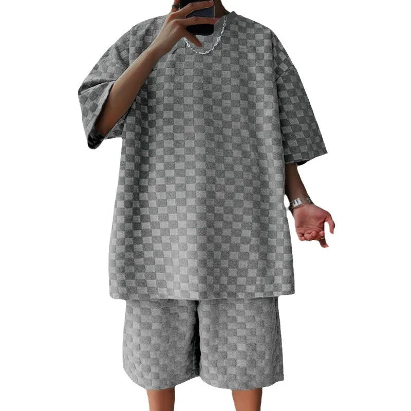 European and American Oversized Fashion Brand Men's Summer New Chessboard Plaid Loose Sports and Leisure Two-Piece Set Good Vibrations