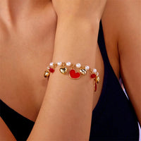 Charm Red Strawberry Bracelet for Women Cute Cherry Heart Shape Fruit Pearl Metal Chain Wristband Girls Party Friendship Jewelry Good Vibrations
