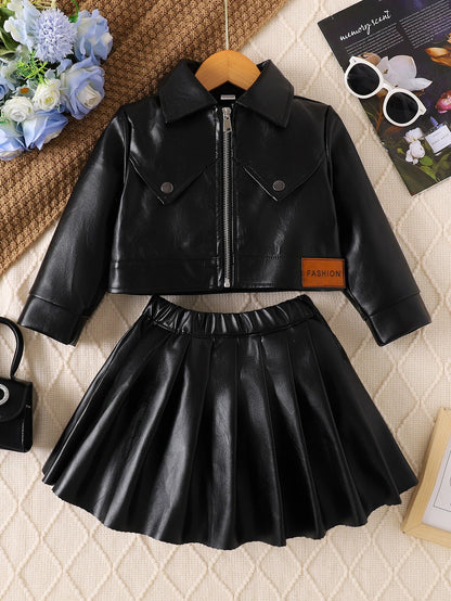 Children's Clothing for Girls, Spring and Autumn Stylish Pu Jacket and Versatile Short Skirt Two-Piece Set, New Fashion Street Style Cool Half Skirt, Easy to Clean, New Versatile Pu Leather Outfit Good Vibrations