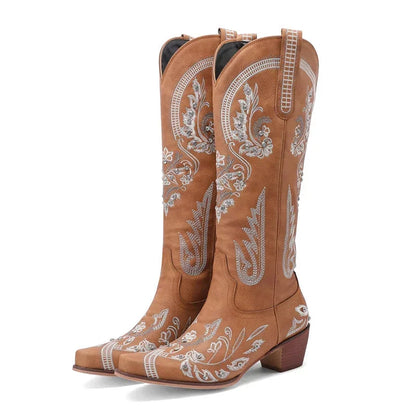 Western Cowboy Knee High Boots for Women Embroidery Flower Rhinestone White Brown Round Toe High Heels Retro Cowgirl Long Boots Good Vibrations