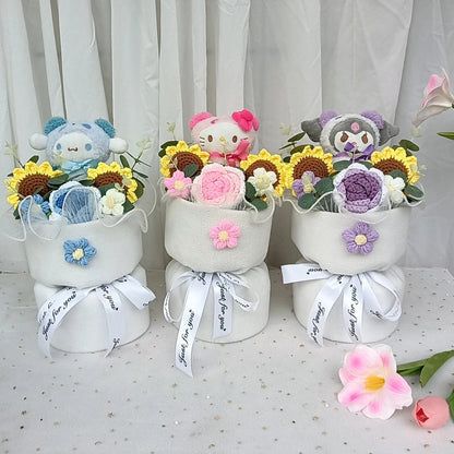 Hug bucket Hello Kitty Kuromi Cinnamoroll Plush bouquet  Handmade Knitting Sunflower Rose Flower Valentine's Day Birthday Gift Good Vibrations