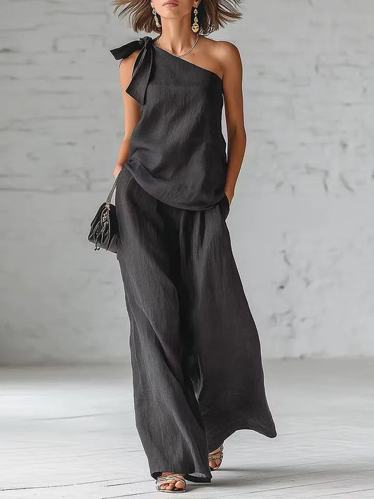 Women's 2 Piece Set 2026 Summer Sexy One Shoulder Tie Knot Top And Wide Leg Pants Suit Casual Loose Summer Beach Vacation Outfit Good Vibrations