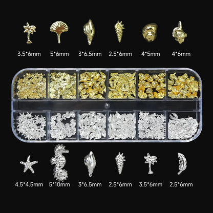 12Grid 3D Gold Ocean Rivet Nail Charms Mixed Seahorsea/Starfish /Conch Pearl/Mini Caviar Beads/Rhinestone Nail Jewery Decoration Good Vibrations