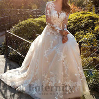 Enternity Fashionable A-line Wedding Gown For Bride Full Sleeves Court Train O-neck Lace Appliques vestidos de novia Customized Good Vibrations