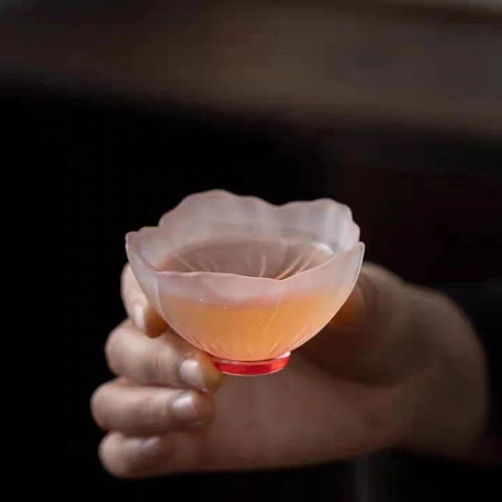 4 Pieces Glazed Glass Frosted Pink Sakura Japanese Teacup, Tableware Good Vibrations