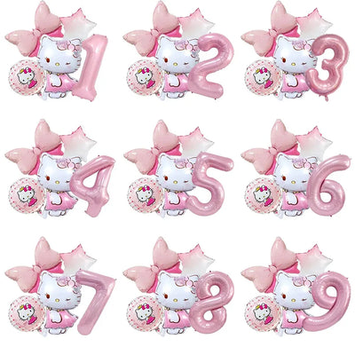 5pcs Hello Kitty Themed Birthday Party Decoration Supplies Kawaii KT Cat 32 Inch Number Foil Balloon Kit Baby Shower Girls Gift