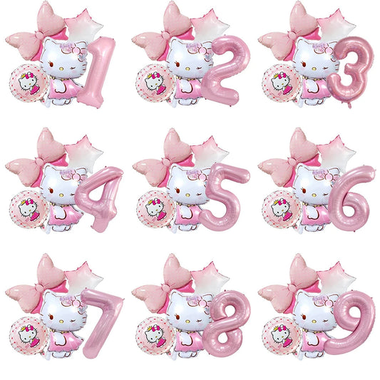 5pcs Hello Kitty Themed Birthday Party Decoration Supplies Kawaii KT Cat 32 Inch Number Foil Balloon Kit Baby Shower Girls Gift Good Vibrations
