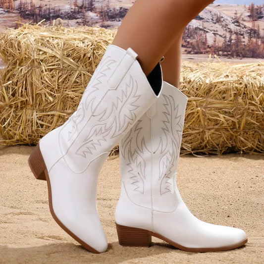 Women's Mid-Calf Boots 2024 New Autumn Winter Shoes Women Fashion Chunky Heeled Boots Vintage Western Cowgirl High Heels Boots Good Vibrations