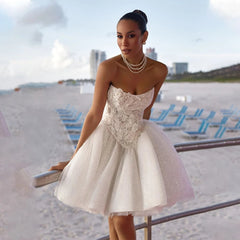 Affordable Short Bridal Dress - Shiny Tulle Skirt with Lace Applique, Ruffled Hem - Perfect for Casual Weddings Good Vibrations