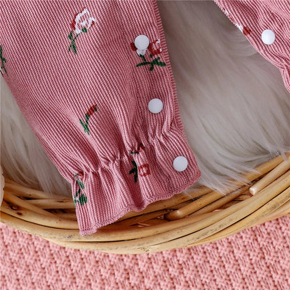 New Autumn Newborn Baby Girls Long Sleeve Romper Floral Print Fake Two Pieces Patchwork Bow Jumpsuits and Cute Headband Set Good Vibrations