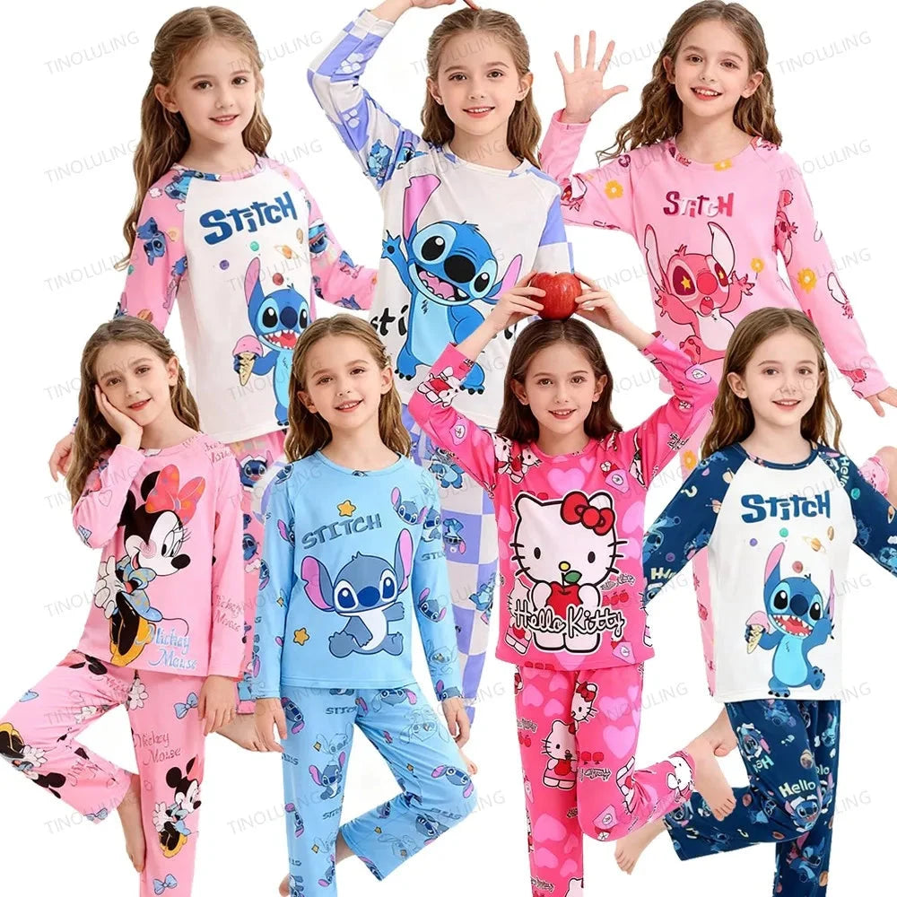 Children's Cartoon Stitch Pajamas Sets Boys Pijamas Girls Mickey Hello Kitty Sleepwear Comfortable Long Sleeve Nightwear Pjs Good Vibrations