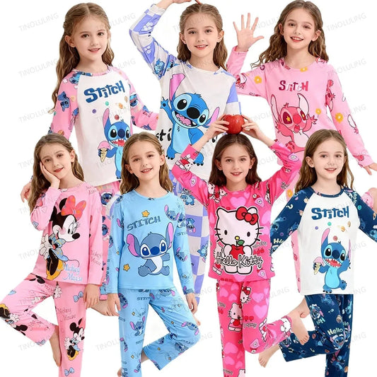Children's Cartoon Stitch Pajamas Sets Boys Pijamas Girls Mickey Hello Kitty Sleepwear Comfortable Long Sleeve Nightwear Pjs Good Vibrations