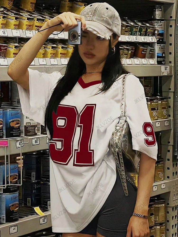 2025 Summer New Retro No.91 Printed T-Shirt For Women V-Neck Short Sleeve Sports Football Jersey Y2K Loose Oversized Tops Good Vibrations