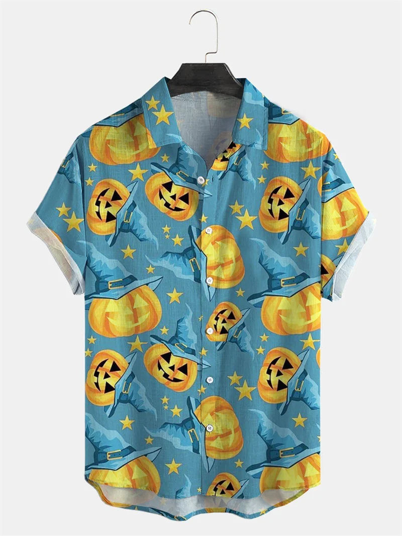 Men's Fashion Halloween Shirt Summer Cute Style Men's Clothing Party Holiday Men Top Pumpkin Head Print Boys' Short Sleeve Shirt Good Vibrations