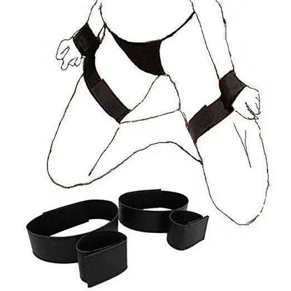 Nylon bed restraint system with handcuffs and ankle cuffs for BDSM couples play.