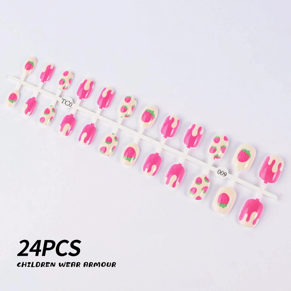 24Pcs/Strip Pink Detachable Child False Nails Tip Kawaii Cartoon Strawberry Acrylic Artificial Full Cover Press On Nail for Girl Good Vibrations
