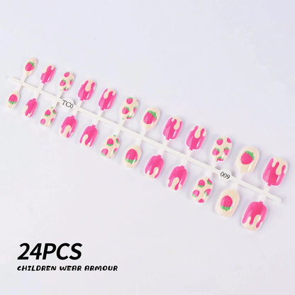 24Pcs/Strip Pink Detachable Child False Nails Tip Kawaii Cartoon Strawberry Acrylic Artificial Full Cover Press On Nail for Girl Good Vibrations