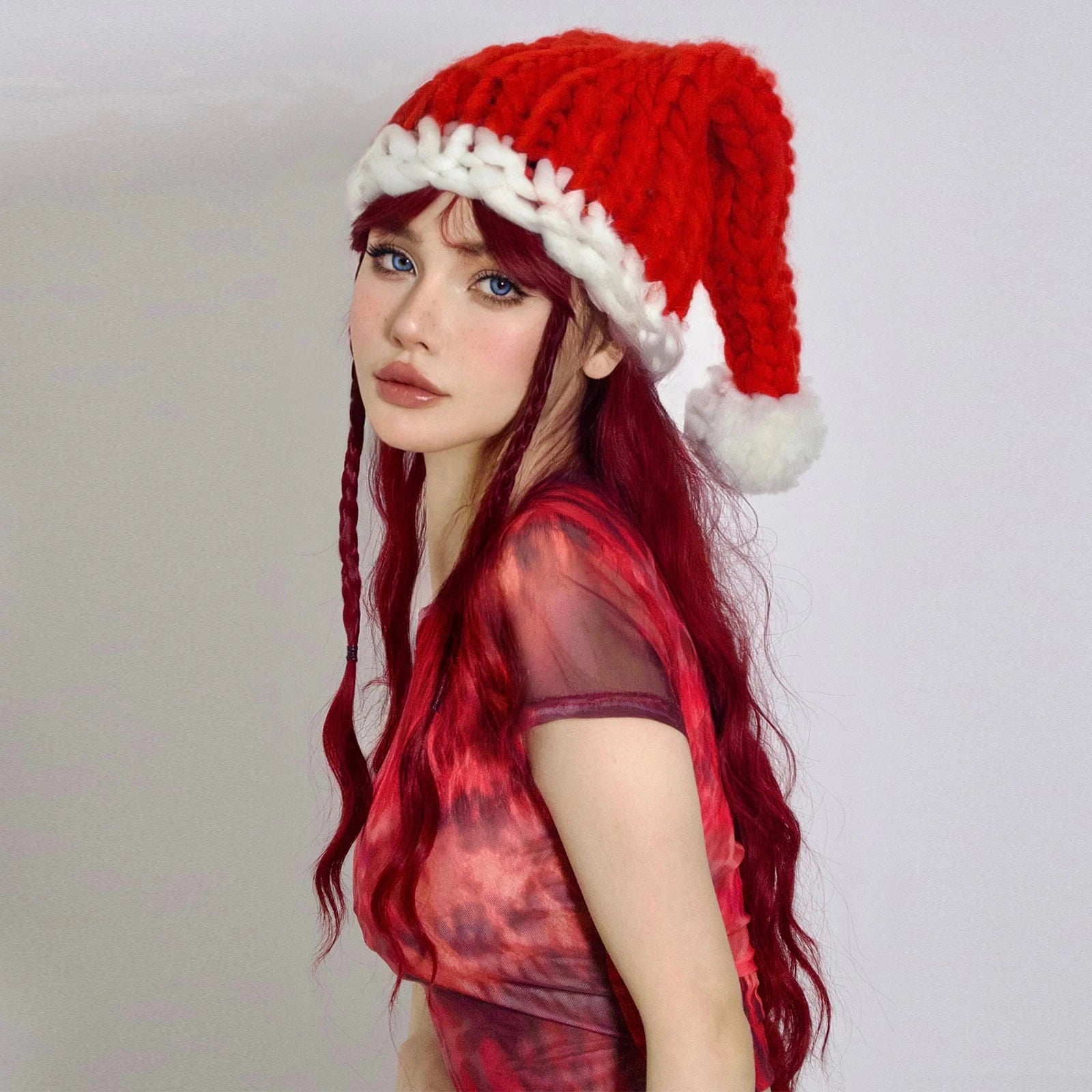 Wine Red Burgundy Synthetic Wigs for Women Long Curly Wave Cosplay Party Red Wigs with Bangs Natural Heat Resistant Daily Wigs Good Vibrations