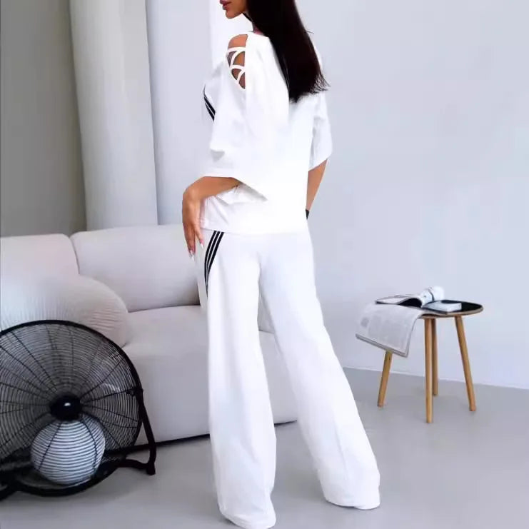 New Fashion Two-piece Women's White Sports Suit Sexy Off Shoulder Loose Sports Shirt+casual Pants Cotton Sportswear Women's Good Vibrations