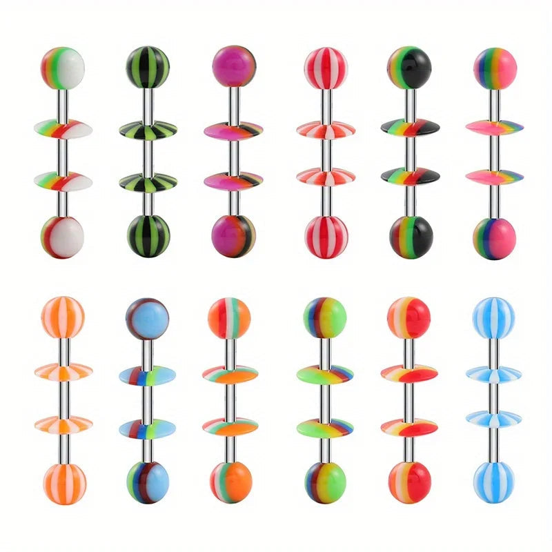 1/6/12pcs Acrylic Mixed Color Tongue Ring Adjustable Disc Barbell Tongue Ring Body Piercing Jewelry Stainless Steel Rod Good Vibrations