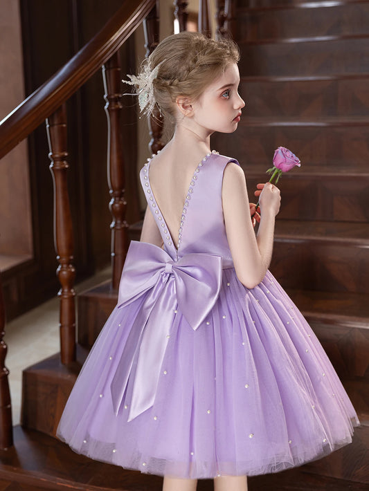 Elegant Girl Party Dress White Short Dress with Big Bow Design Shaggy Gauze Material for Girl Wedding Dress