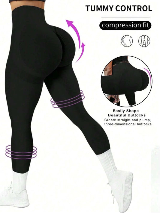 Seamless butt lifting high waist black workout leggings for women with tummy control and compression fit design