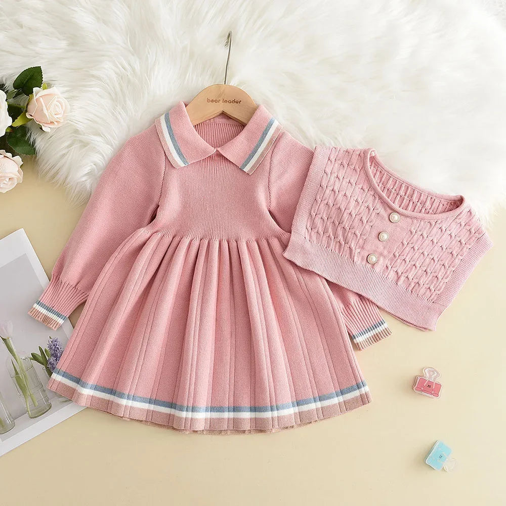 Bear Leader Kids Dresses for Girls Pearl Button Tricolor Striped Lapel Knit Skirt Winter College Style Children's Clothing Good Vibrations