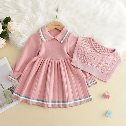 Bear Leader Kids Dresses for Girls Pearl Button Tricolor Striped Lapel Knit Skirt Winter College Style Children's Clothing Good Vibrations